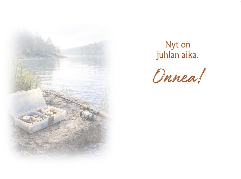 kalastus aiheen 2-osainen onnittelukortti miehelle j&auml;rvimaisema