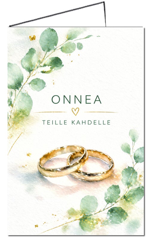 H&auml;&auml;kortti / kihlakortti, jossa kultaiset sormukset, vihre&auml; kasviaihe ja teksti &ldquo;Onnea teille kahdelle&rdquo;