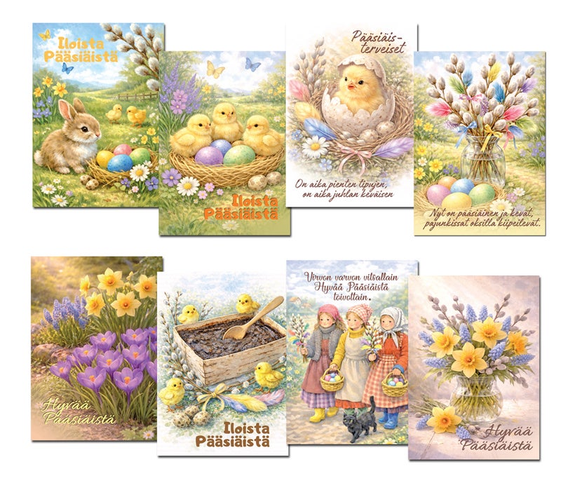 p&auml;&auml;si&auml;iskortit, p&auml;&auml;si&auml;ispostikortti, pupu kortti, tipu kortti, kev&auml;tkortti, kukkakortti, postikorttilajitelma, A6 postikortti, p&auml;&auml;si&auml;inen, p&auml;&auml;si&auml;istervehdys,korttinurkka