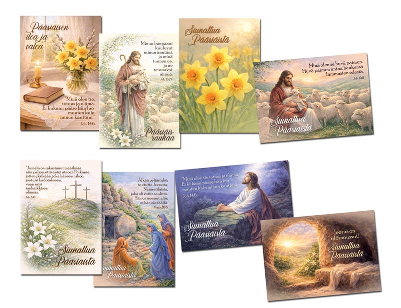 hengelliset p&auml;&auml;si&auml;iskortit, kristillinen p&auml;&auml;si&auml;iskortti, p&auml;&auml;si&auml;ispostikortti, risti kortti, yl&ouml;snousemus, p&auml;&auml;si&auml;islilja, raamatunjae kortti, A6 postikortti, p&auml;&auml;si&auml;inen, kristillinen kortti