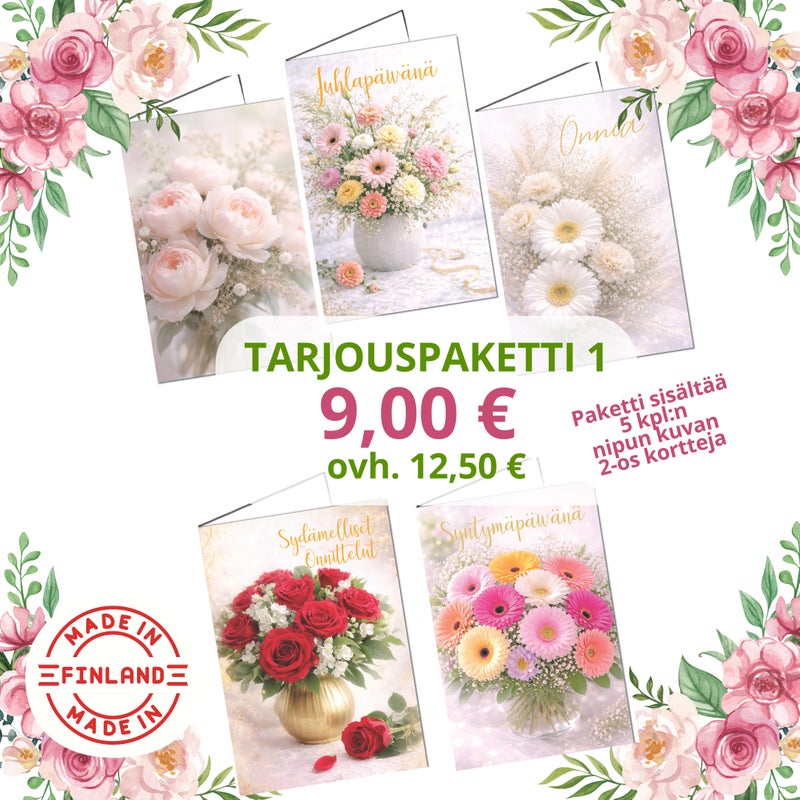 2-osainen onnittelukortti, 5 kpl:n lajitelma-paketti nro 2