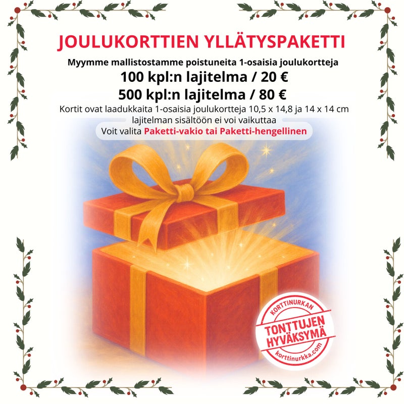 joulukorttien yll&auml;tyspaketti, 1-os joulukortit 100 kpl, joulukortit 500 kpl, joulupostikortit edullisesti, joulu korttipaketti