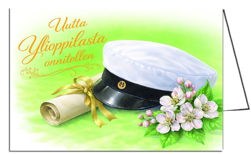 2-osainen ylioppilaskortti, ylioppilaskortti, taitettava ylioppilaskortti, kotimainen ylioppilaskortti, ylioppilaskortit verkkokaupasta, suomalainen onnittelukortti, valmistujaiskortti, ylioppilasjuhla kortti, painettu Suomessa