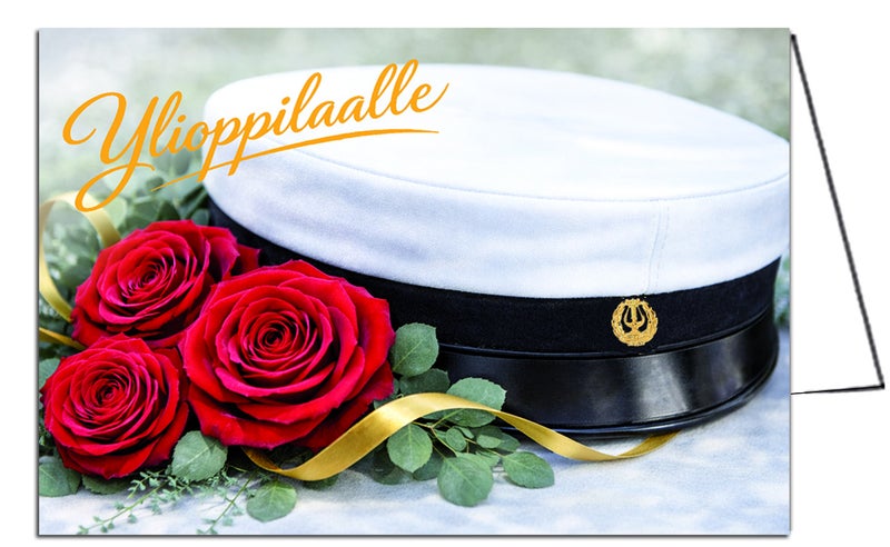 2-osainen ylioppilaskortti, ylioppilaskortti, taitettava ylioppilaskortti, kotimainen ylioppilaskortti, ylioppilaskortit verkkokaupasta, suomalainen onnittelukortti, valmistujaiskortti, ylioppilasjuhla kortti, painettu Suomessa